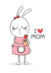 Cute little bunny girl with tulip in a vase. Happy Mothers day cartoon flat illustration. I love mom, family holiday, daughter