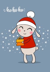 Happy New year and Merry Christmas flat cartoon illustration. Little smiling bunny with present. Children, kids, holiday character