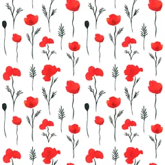 Papier peint Coquelicots motif aquarelle transparente avec des fleurs rouges