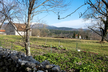 Old architecture of traditional mountain village Skocjan in Slovenia
