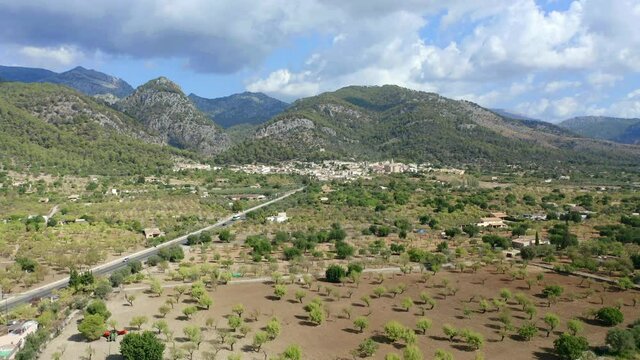 Aerial view, flight over the village of Caimari, Tramuntana Mountains, Campanet Region, Mallorca, Balearic Islands, Spain