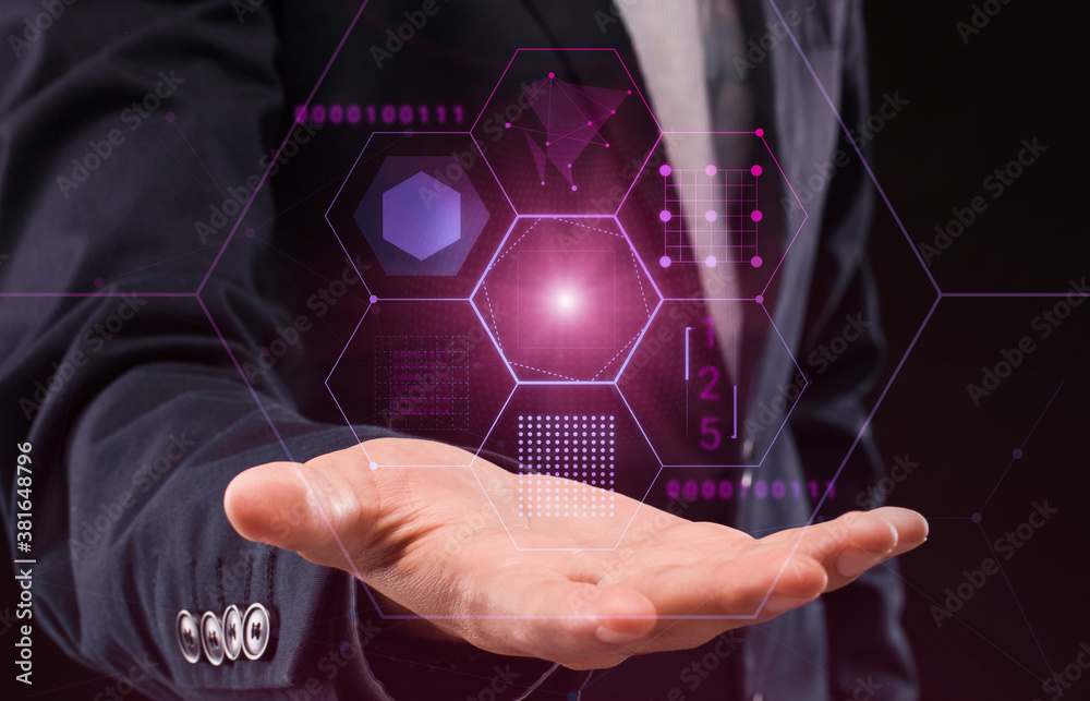 Poster Unrecognizable Businessman Holding Hologram With Cell Framed Digital User Interface Elements