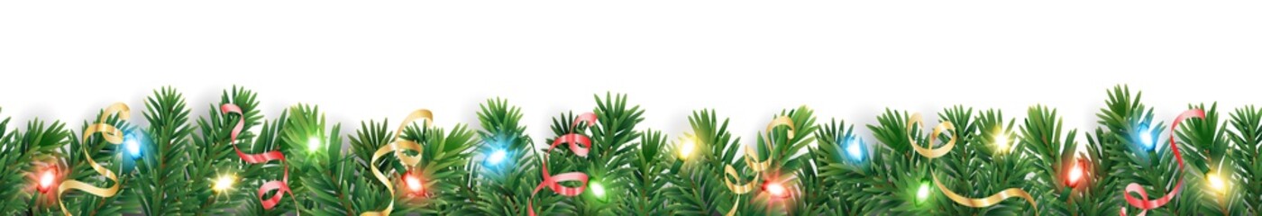 Seamless holiday decoration. Christmas tree border with lights garland. Festive frame isolated on white. Celebration vector background. For winter season banners, New Year headers, party posters.