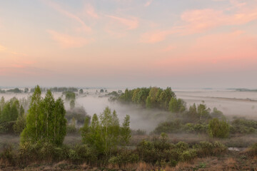 Fototapeta na wymiar morning fog in the floodplain Belarus, the city VETKA, floodplain Sozh