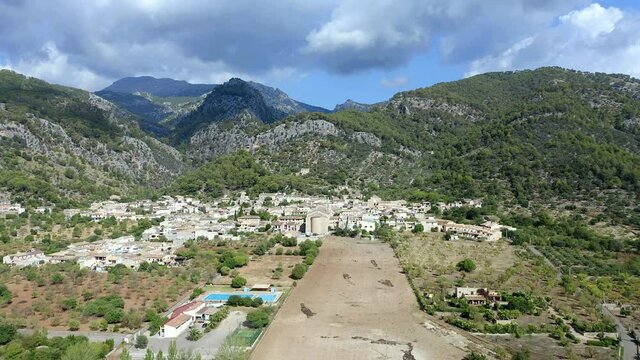 Aerial view, flight over the village of Caimari, Tramuntana Mountains, Campanet Region, Mallorca, Balearic Islands, Spain