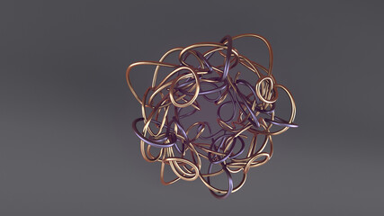 tangled gold and steel wire. technological background Illustration 3d render