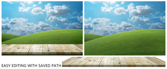 Large green lawn on the hill, Wood terrace and beautiful sky, perspective view on green hill,...