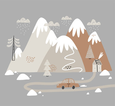 Vector illustration with houses, mountains, trees, clouds, snow, house, and car. Hand drawn winter illustration in Scandinavian style for kids. For textiles, postcards, baby shower, babywear, nursery.