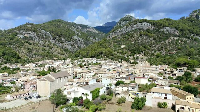 Aerial view, flight over the village of Caimari, Tramuntana Mountains, Campanet Region, Mallorca, Balearic Islands, Spain