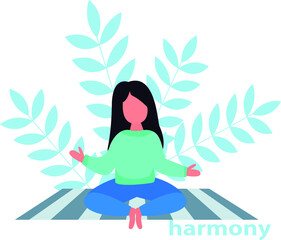 Obraz premium A girl is engaged in meditation on a rug on the floor. Vector flat illustration with abstract background