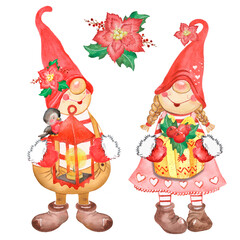 Watercolor illustration with christmas gnomes, boy gnome and girl gnome, with new year gifts, children's clipart