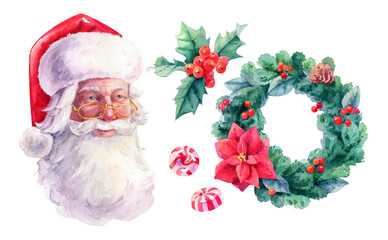 Watercolor Santa christmas illustrations collection with wreath, candy and holly