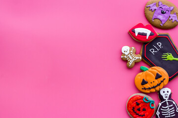 Ginger biscuits for Halloween on the table. View from above