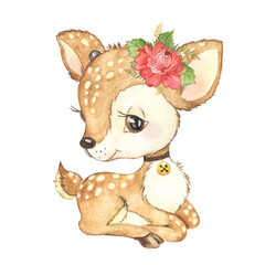 Watercolor illustration of a cute little deer, forest animal, baby animal deer