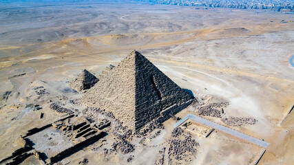 Historical Giza pyramids in Egypt shot by drone.