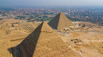 Historical Giza pyramids in Egypt shot by drone.