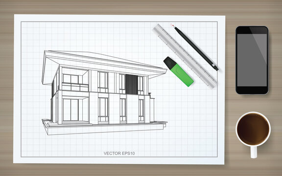 Construction paper background of blueprint with image of wireframe house. Abstract construction graphic idea. Vector.