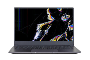 laptop with a broken screen in color spots and cracks isolated on white background close up front view