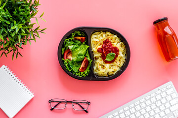 Food delivery to office. Business lunch in take away box, top view