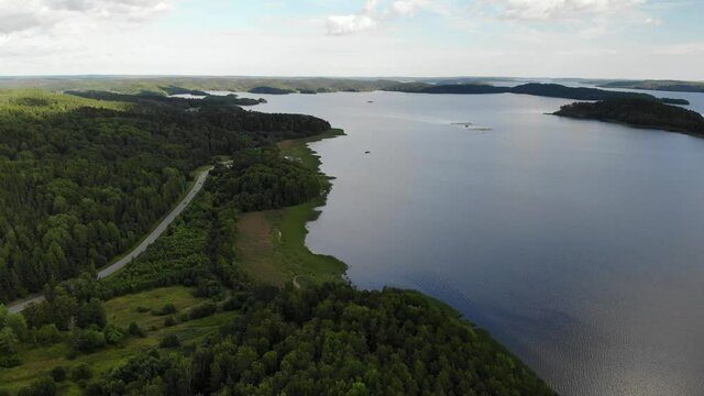 Aerial view road near fish farm in lake. cages Russian Karelia. Ladoga. Karjala