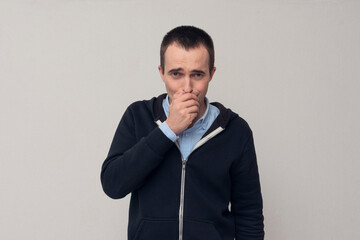 Man feeling bad, guy coughing, white background