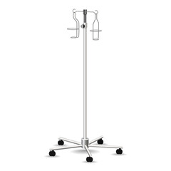 Mobile Infusion Stand. Special medical equipment for intravenous infusion. Metal rack on wheels with stands for glass medicine bottles and hooks for droppers. Isolated object. Vector illustration