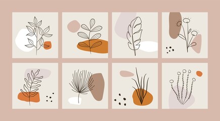 Abstract social media banners. Minimalist collection with hand drawn outline flowers leaves shapes contemporary style. Vector illustration