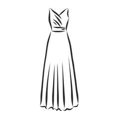 women's dresses. Hand drawn vector illustration. Black outline drawing isolated on white background women's dress, vector sketch illustration