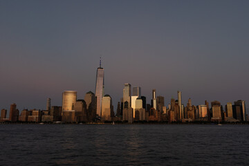 Lower Manhattan Skyline right after Sunset along the East River in New York City