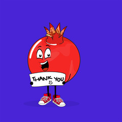 Pomegranate Character design holding card with text thank you. Hand drawn text Thank you on illustration in kids doodle style. Picture with vector funny fruits and placard