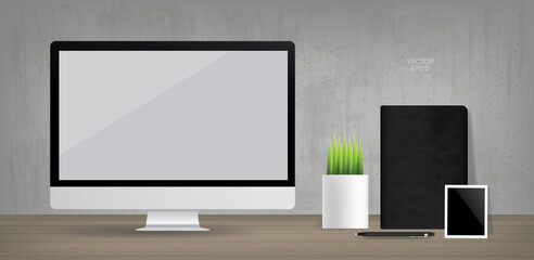 Computer display background in working area. Business background for interior design and decoration. Vector.
