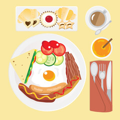 breakfast set with beverage,cookies,croissants and cup cake including vector top view