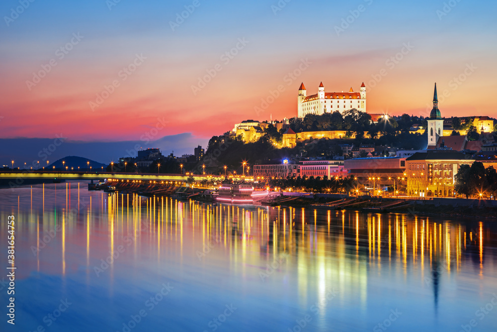 Poster Bratislava castle over Danube river and Bratislava old town, Slovakia