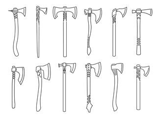 Set of simple vector images of medieval hatchets and axes drawn in art line style.