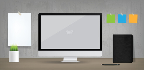 Computer display background in working area. Business background for interior design and decoration. Vector.