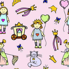 seamless background with cute princesses - print for wrapping paper Wallpaper