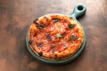 pizza with mushrooms and bacon on the background