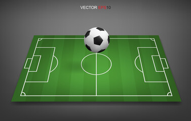 Football field or soccer field background with football ball. Green grass court for create soccer game. Vector.