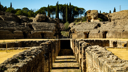 Vista de foso de Arena y gradas con acceso y arboles al fondo.