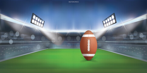 Football ball on american football field stadium background. Vector.