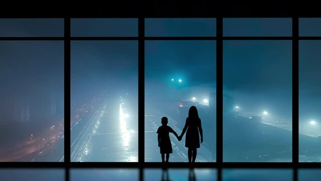 The kids stand near the windows on the foggy city background. time lapse