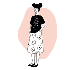 Single young girl character for design friends card, party invitation, poster page, t-shirt print, shop sale advertising.