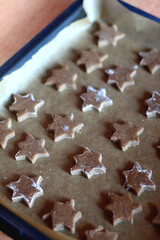 Making star shaped gingerbread cookies at home. Selective focus.