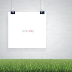 Empty white poster paper with brick wall background and green grass. Vector.