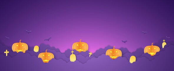 Halloween orange pumpkin head, bats and graveyard on cloud, copy space, paper art style