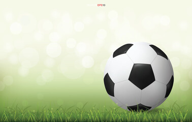 Soccer football ball on green grass field with light blurred bokeh background. Vector.