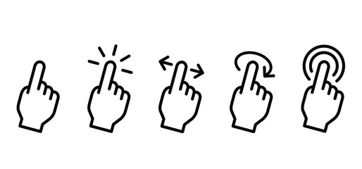 Touch screen, click here button with hand pointer clicking. Clicking or selecting finger icon. Flat vector push button sign. Touch Gesture Icons
