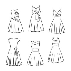 women's dresses. Hand drawn vector illustration. Black outline drawing isolated on white background women's dress, vector sketch illustration