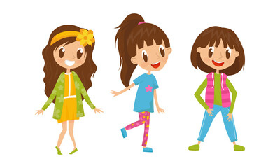 Cute Girls in Casual Clothing Standing and Posing Vector Set