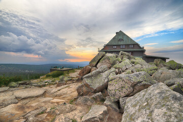 Szrenica mountain shelter (1362 m above sea level) during sunset, Szklarska Poreba, Poland, Europe.